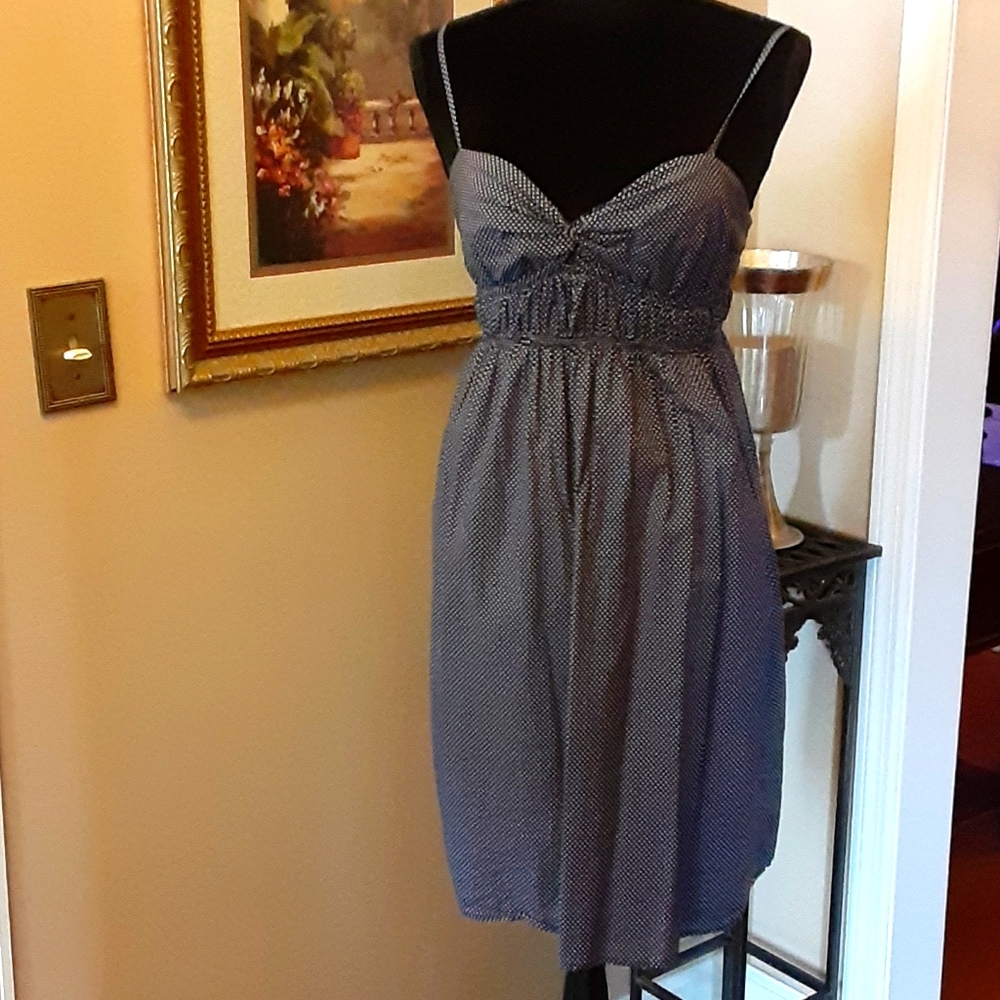J Crew navy white print lined sundress adjustable straps Elastic waist Small EUC